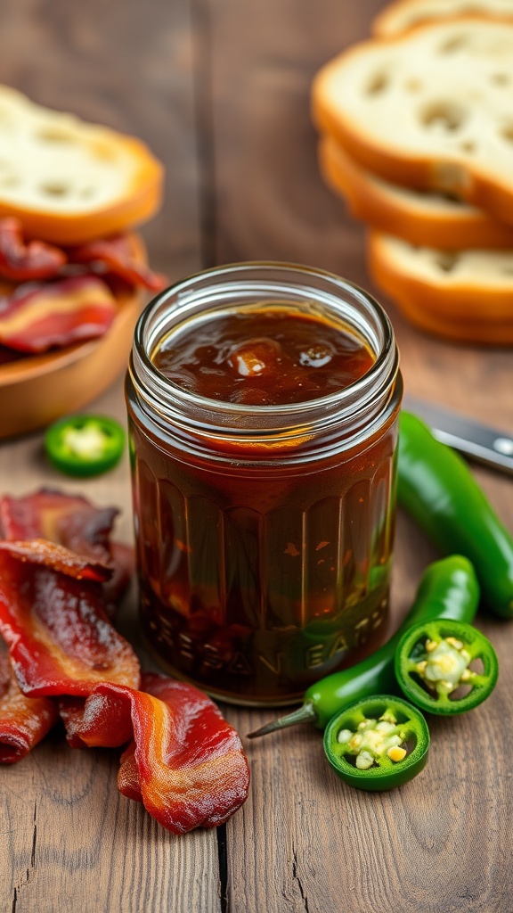A jar of jalapeño bacon jam with bacon and jalapeños, alongside toasted bread on a rustic table.
